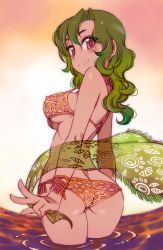 Rule 34 | 1girl, alternate color, ass, bare shoulders, bikini, breasts, butt crack, earrings, fisheye, fringe trim, from behind, gradient background, green hair, highres, jewelry, kusanagi tonbo, large breasts, long hair, looking back, nipples, original, red eyes, revealing clothes, sarong, sideboob, smile, solo, strap gap, swimsuit, v, wading, wavy hair