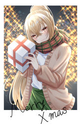 Rule 34 | 1girl, absurdres, alternate costume, ayanami (azur lane), azur lane, box, casual, commentary request, contemporary, english text, gift, gift box, hair between eyes, happy, head tilt, highres, holding, holding gift, jacket, konparu uran, long hair, long sleeves, looking at viewer, merry christmas, orange eyes, plaid, plaid scarf, ponytail, retrofit (azur lane), scarf, sidelocks, silver hair, solo, sweater jacket