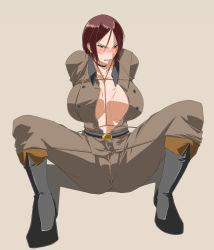 Rule 34 | 1girl, angry, bad id, bad pixiv id, bdsm, blood, blush, bondage, bound, breasts, brown hair, crotch rope, highres, huge breasts, injury, ksaiki, large breasts, open clothes, open shirt, shirt, sitting, snk, solo, the king of fighters, whip (kof)