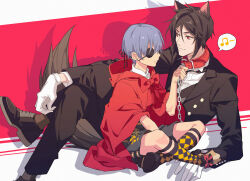 Rule 34 | 2boys, al (ahr), animal ears, argyle clothes, argyle thighhighs, bishounen, black footwear, black hair, black jacket, blue hair, bow, bowtie, buttons, capelet, chain, ciel phantomhive, collar, collared shirt, earrings, eyepatch, gloves, grey shorts, highres, holding, holding chain, jacket, jewelry, kemonomimi mode, kuroshitsuji, looking at another, male focus, multiple boys, musical note, red background, red bow, red bowtie, red capelet, red collar, red eyes, sebastian michaelis, shirt, shorts, speech bubble, spoken musical note, tail, white background, white gloves, white shirt, wolf boy, wolf ears, wolf tail, yaoi