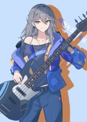 Rule 34 | 1girl, absurdres, bass guitar, belt, black belt, black gloves, black shirt, blue background, blue jacket, blue pants, breasts, earrings, glasses, gloves, grey hair, guitar, hair ornament, hairpin, highres, holding, holding bass guitar, holding instrument, honkai: star rail, honkai (series), instrument, jacket, jewelry, large breasts, long hair, long sleeves, looking at viewer, medium breasts, multicolored clothes, multicolored jacket, necklace, off-shoulder shirt, off shoulder, open clothes, open jacket, pants, shirt, simple background, single earring, single glove, smile, solo, sparks summer, stelle (honkai: star rail), trailblazer (honkai: star rail), yellow eyes