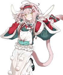 Rule 34 | 1girl, ahoge, animal ears, apron, arknights, azuma shino, bow, braid, candy, cat ears, cat girl, cat tail, commentary, floppy ears, food, frills, goldenglow (arknights), goldenglow (maiden for the bright night) (arknights), green sweater, hair bow, hairband, highres, leg up, light blush, long hair, long sleeves, looking at viewer, official alternate costume, pink hair, red bow, red hairband, simple background, smile, solo, standing, standing on one leg, sweater, symbol-only commentary, tail, white background, wings, yellow eyes