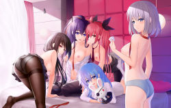 Rule 34 | 5girls, :d, arm around neck, ass, bent over, black hair, black socks, blue eyes, blue hair, blush, bottomless, breasts, cleavage, clock eyes, commentary request, condom, condom in mouth, date a live, day, derivative work, expressionless, feet, from behind, from side, grin, hair between eyes, hair ornament, hair ribbon, hairclip, hand on another&#039;s shoulder, highres, holding, holding condom, indoors, itsuka kotori, kneehighs, kneeling, long hair, looking at viewer, looking back, lying, medium breasts, medium hair, mouth hold, multiple girls, nipples, no shoes, on bed, on stomach, open mouth, panties, panties under pantyhose, pantyhose, partially unbuttoned, pleated skirt, ponytail, purple eyes, purple hair, red eyes, red hair, ribbon, seiza, shirt, silver hair, sitting, skirt, small breasts, smile, socks, standing, symbol-shaped pupils, thighhighs, tobiichi origami, toes, tokisaki kurumi, topless, twintails, underwear, very long hair, white legwear, white panties, white shirt, yatogami tooka, yellow eyes, yoshino (date a live), yoshinon, z1npool