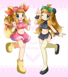 Rule 34 | 2girls, alternate color, animal ears, ankle boots, blue eyes, blush, boots, bow, bracelet, breasts, breasts apart, brown hair, cosplay, creatures (company), crop top, dress, fake animal ears, fake tail, fennekin (cosplay), full body, fur trim, game freak, happy, jewelry, large breasts, long hair, looking at viewer, microskirt, midriff, miniskirt, mocha, multiple girls, navel, nintendo, no panties, one eye closed, open mouth, pancham (cosplay), pokemon, pokemon (anime), pokemon xy, ribbon, sarong, serena (pokemon), shiny skin, shirt, skirt, smile, standing, tail, taut clothes, taut shirt, thighhighs, v, wink, zettai ryouiki