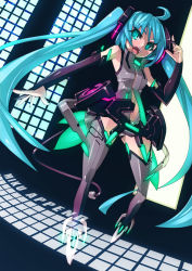 Rule 34 | 1girl, ahoge, aqua eyes, aqua hair, bad id, bad pixiv id, breasts, bridal gauntlets, center opening, character name, elbow gloves, gloves, hatsune miku, hatsune miku (append), holographic interface, long hair, looking at viewer, mk-5, navel, necktie, open mouth, solo, twintails, very long hair, vocaloid, vocaloid append