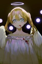 Rule 34 | 1girl, angel wings, backlighting, bare shoulders, blonde hair, blood, blood on clothes, blood on face, blue eyes, collarbone, dress, feathered wings, hair between eyes, halo, highres, long hair, long sleeves, looking at viewer, multicolored background, off shoulder, original, seveneightdu, smile, solo, twintails, upper body, white dress, white wings, wings