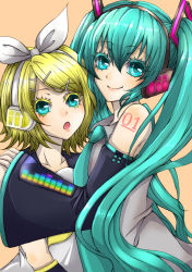 Rule 34 | 00s, 2girls, :o, beige background, blonde hair, blue eyes, blue hair, collarbone, detached sleeves, hair ribbon, hatsune miku, headgear, kagamine rin, long hair, long sleeves, looking at viewer, multiple girls, open mouth, ribbon, shiro (nitto), simple background, tattoo, twintails, upper body, very long hair, vocaloid