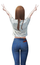 Rule 34 | 1girl, absurdres, arms up, ass, brown hair, denim, double v, facing viewer, feet out of frame, highres, jeans, median furrow, midriff, original, pants, see-through silhouette, shirt, short sleeves, simple background, solo, v, white background, white shirt, yukimaru ai