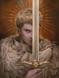 Rule 34 | 1boy, armor, artist name, blonde hair, brown background, brown hair, closed mouth, commentary, covered eyes, dungeon meshi, english commentary, hand up, highres, holding, holding sword, holding weapon, kaidenchii, laios touden, male focus, pelt, short hair, solo, sword, sword in front of face, undercut, upper body, weapon, yellow eyes