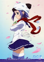 Rule 34 | 1girl, absurdres, amakase minatsu, blue hair, crossed arms, da capo, da capo ii, from side, hat, highres, looking at viewer, miniskirt, petals, pleated skirt, pom pom (clothes), red scarf, scarf, school uniform, short hair, skirt, solo, striped clothes, striped thighhighs, thighhighs
