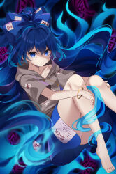 Rule 34 | 1girl, bangle, bare legs, barefoot, black background, blue bow, blue eyes, blue hair, blue skirt, bow, bracelet, closed mouth, debt, drawstring, feet, full body, glowing, glowing hair, grey hoodie, hair between eyes, hair bow, highres, hood, hood down, hoodie, jewelry, light frown, long hair, looking at viewer, miy@, simple background, skirt, solo, thighs, toes, touhou, very long hair, yorigami shion