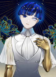 Rule 34 | 1other, absurdres, androgynous, blue eyes, blue hair, blunt bangs, collar, collared shirt, colored eyelashes, crystal hair, flower, gold, golden arms, head tilt, heterochromia, highres, houseki no kuni, looking at viewer, other focus, phosphophyllite, phosphophyllite (ll), shirt, short hair, solo, spoilers, tarantulaines, upper body, white eyes