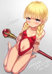 Rule 34 | 1girl, arm support, barefoot, blonde hair, blunt bangs, blush, bow, braid, breasts, closed mouth, collarbone, copyright name, covered erect nipples, dragon quest, dragon quest xi, embarrassed, full body, gradient background, grey background, hair bow, hair over shoulder, hair ribbon, highleg, highleg swimsuit, highres, lips, long hair, looking at viewer, one-piece swimsuit, orange bow, orange ribbon, red one-piece swimsuit, revealing swimsuit (dq), ribbon, sitting, sketch, small breasts, solo, staff, swimsuit, twin braids, veronica (dq11), wariza, yapo (croquis side)