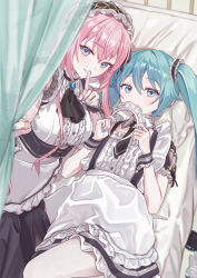 Rule 34 | 2girls, absurdres, arm tattoo, blue eyes, blue hair, blue nails, commentary, curtains, finger to mouth, hatsune miku, headband, highres, long hair, looking at viewer, maid, maid headdress, megurine luka, multiple girls, necktie, on bed, pink hair, shushing, symbol-only commentary, tattoo, twintails, vocaloid, vs0mr