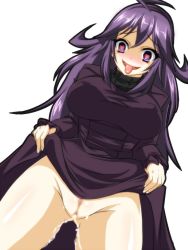 Rule 34 | 1girl, ahoge, alternate breast size, blush, breasts, censored, clothes lift, commentary request, covered erect nipples, creatures (company), dress, dress lift, dutch angle, game freak, heart, heart-shaped pupils, hex maniac (pokemon), large breasts, long dress, long hair, mosaic censoring, nintendo, no panties, npc trainer, pokemon, pokemon xy, purple dress, purple eyes, purple hair, pussy, pussy juice, shimu (kichune), solo, symbol-shaped pupils, tongue, tongue out