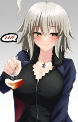 Rule 34 | 1girl, ahoge, apple, apple rabbit, apple slice, black dress, blue coat, blush, breasts, brown eyes, cleavage, coat, collarbone, commentary request, dress, fate/grand order, fate (series), fingernails, food, food art, fork, fruit, fur-trimmed coat, fur-trimmed gloves, fur trim, gloves, grey background, grey hair, hair between eyes, highres, holding, holding fork, incoming food, jeanne d&#039;arc alter (fate), jeanne d&#039;arc alter (ver. shinjuku 1999) (fate), jewelry, large breasts, long sleeves, looking away, necklace, nervous, official alternate costume, sawatarou (roto), short hair, simple background, solo, upper body