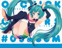 Rule 34 | 1girl, armpits, arms up, artist name, ass, beamed quavers, black footwear, black shirt, black thighhighs, blush, boots, breasts, circle name, detached sleeves, full body, green eyes, green hair, hatsune miku, headphones, highres, long hair, matching hair/eyes, medium breasts, multicolored clothes, multicolored skirt, musical note, musical note print, necktie, ohara tometa, open mouth, own hands together, pleated skirt, qp:flapper, red necktie, scan, shirt, skirt, sleeveless, sleeveless shirt, solo, thigh boots, thighhighs, twintails, very long hair, vocaloid, wing collar