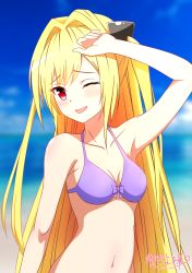 Rule 34 | 1girl, beach, bikini, blonde hair, blue sky, blurry, blurry background, blush, breasts, cleavage, commentary request, hand on own head, highres, konjiki no yami, long hair, looking at viewer, navel, one eye closed, open mouth, purple bikini, red eyes, sky, small breasts, smile, solo, swimsuit, to love-ru, two side up, upper body, very long hair, yuyayomi