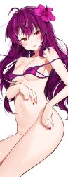 Rule 34 | 1girl, bad id, bad pixiv id, bikini, blush, bottomless, breasts, fate/grand order, fate (series), flower, goyain, hair between eyes, hair flower, hair ornament, hibiscus, highres, hip focus, long hair, looking at viewer, medium breasts, nail polish, navel, pink bikini, purple hair, red eyes, scathach (fate), scathach (fate/grand order), scathach (swimsuit assassin) (fate), simple background, smile, solo, swimsuit, thighs, white background