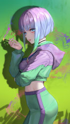 Rule 34 | 1girl, absurdres, aqua eyes, arm under breasts, asymmetrical hair, black choker, breasts, choker, cigarette, commentary, cyberpunk (series), cyberpunk edgerunners, from side, green background, green hair, green jacket, green pants, highres, holding, holding cigarette, hood, hooded jacket, jacket, lips, looking at viewer, looking to the side, lucy (cyberpunk), medium breasts, midriff, multicolored hair, pants, parted lips, purple hair, shadow, short hair, smoke, smoking, solo, tooku0, track jacket, white hair, yoga pants