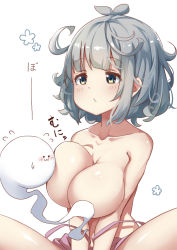 Rule 34 | 1girl, blush, breast press, breasts squeezed together, breasts, collarbone, convenient censoring, dress, unworn dress, green eyes, highres, hitodama, konpaku youmu, large breasts, nude, pegashi, short hair, silver hair, simple background, sitting, touhou, translation request, white background
