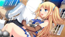 Rule 34 | 1boy, 1girl, :d, armor, belt, belt collar, blonde hair, blue eyes, blue skirt, blush, brown gloves, building, collar, dutch angle, from below, game cg, gloves, greaves, head out of frame, highres, long hair, official art, open mouth, outdoors, patti (x-overd), protagonist (x-overd), shirt tug, sitting, skirt, smile, x-overd