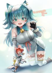Rule 34 | 1boy, 1girl, :d, animal ears, bag, bell, blue collar, blue hair, cat ears, cat girl, collar, commission, detached sleeves, earrings, fingerless gloves, gloves, green eyes, handbag, highres, jewelry, jingle bell, mini person, minigirl, mitake eil, mouse boy, mouse ears, mouse girl, mouse tail, necktie, one eye closed, open mouth, original, pants, red eyes, red hair, red necktie, running, shorts, smile, tail, thighhighs, two side up, white pants
