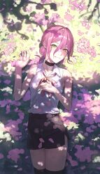 1girl absurdres black_choker black_shorts black_thighhighs chainsaw_man cherry_blossoms choker green_eyes hair_bun highres looking_at_viewer lying neck_ribbon on_back purple_hair purple_ribbon reze_(chainsaw_man) ribbon shirt short_shorts shorts single_hair_bun sleeveless sleeveless_shirt smile solo tare_negima thighhighs white_shirt