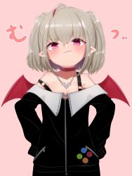 Rule 34 | 1girl, ahoge, blush, closed mouth, collar, commentary request, demon girl, demon wings, highres, jewelry, looking at viewer, makaino ririmu, medium hair, multicolored hair, necklace, nijisanji, pointy ears, red eyes, red wings, silver hair, simple background, solo, twintails, utsusumi kio, virtual youtuber, wings