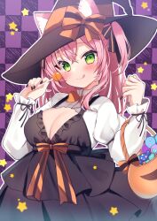 Rule 34 | 1girl, :q, animal ear fluff, animal ears, black dress, blush, bow, breasts, candy, cat ears, cat girl, checkered background, cleavage, double-parted bangs, dress, food, frilled sleeves, frills, green eyes, hair between eyes, hair bow, halloween, halloween bucket, hamico, haruka (hamico), hat, highres, holding, holding candy, holding food, holding lollipop, lollipop, looking at viewer, medium breasts, nail polish, orange bow, original, pink hair, shrug (clothing), solo, tongue, tongue out, waist bow, white sleeves, witch hat