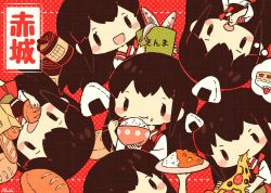 Rule 34 | 1girl, :t, akagi (kancolle), bag, black hair, bowl, bread, bucket, cake, character name, chibi, chopsticks, closed mouth, commentary request, curry, curry rice, drooling, eating, fish, food, food on face, highres, holding, holding bowl, holding chopsticks, holding food, holding plate, japanese clothes, kantai collection, long hair, mouth drool, multiple views, muneate, nada namie, onigiri, open mouth, paper bag, pizza, plate, rice, rice on face, saury, signature, simple background, tasuki, wide sleeves