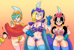 Rule 34 | 4girls, android 18, ass, black eyes, black hair, blonde hair, blue eyes, blue hair, breasts, bulma, chi-chi (dragon ball), cosplay, dragon ball, dragon quest, dragonball z, female focus, funsexydragonball, highres, large breasts, long hair, multiple girls, open mouth, panties, short hair, smile, swimsuit, text focus, underwear, videl