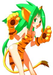 Rule 34 | 1girl, animal ears, animal hands, animal print, breasts, cat ears, cat tail, cham cham, gloves, green eyes, green hair, long hair, paw gloves, samurai spirits, simple background, small breasts, snk, tail, tiger print