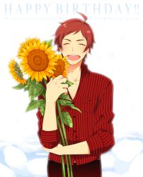 Rule 34 | 10s, 1boy, :d, bad id, bad pixiv id, dress shirt, english text, closed eyes, facial hair, flower, goatee, happy birthday, idolmaster, idolmaster side-m, l (matador), male focus, open mouth, pinstripe pattern, red eyes, red hair, shirt, smile, solo, striped, sunflower, tendo teru