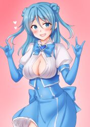 Rule 34 | 1girl, alternate costume, anti (untea9), blue eyes, blue hair, blue skirt, blush, breasts, brooch, double bun, elbow gloves, gloves, gradient background, hair bun, heart, heart brooch, highres, jewelry, kantai collection, large breasts, magia azure, magical girl, mahou shoujo ni akogarete, medium hair, open clothes, open mouth, open shirt, pink background, short sleeves, skirt, smile, urakaze (kancolle)