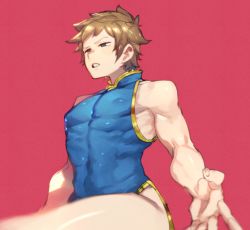 Rule 34 | 10s, 1boy, brown hair, china dress, chinese clothes, cowboy shot, crossdressing, dress, gran (granblue fantasy), granblue fantasy, grey eyes, looking down, male focus, muscular, norasame (dagako), parted lips, red background, simple background, skin tight, solo, spiked hair, thighs