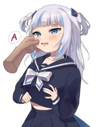 Rule 34 | 1girl, alternate costume, black skirt, blue eyes, blue nails, blush, bow, cheek pull, collarbone, disembodied hand, foreshortening, gawr gura, grey hair, hair ornament, highres, hololive, hololive english, jess (jessdont), long hair, long sleeves, multicolored hair, nail polish, open mouth, pleated skirt, sailor collar, school uniform, serafuku, shark hair ornament, sharp teeth, simple background, skirt, solo focus, tearing up, teeth, two-tone hair, virtual youtuber, white background, white bow