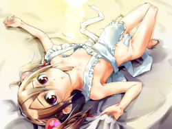 Rule 34 | 10s, 1girl, akino shuu, akisyuuno, apron, barefoot, blush, brown hair, flat chest, frills, looking at viewer, lying, naked apron, nipples, on back, red eyes, short twintails, silica, solo, sword art online, twintails, upside-down