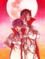 Rule 34 | 1boy, 1girl, black hair, blood, blood from mouth, breasts, bruno bucciarati, cleavage, crossed arms, dress, full moon, hand on own hip, height difference, horns, jacket, jojo no kimyou na bouken, large breasts, moon, okazaki johnny, pink hair, pointy ears, short hair, tongue, tongue out, trish una, vampire, vento aureo, white dress, white jacket