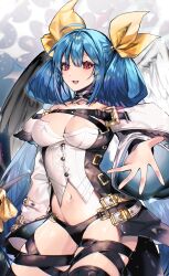 Rule 34 | 1girl, absurdres, angel wings, asymmetrical wings, bare shoulders, belt, black panties, blue hair, breasts, choker, cleavage, clothing cutout, collarbone, detached collar, detached sleeves, dizzy (guilty gear), gradient background, groin, guilty gear, guilty gear xrd, hair between eyes, hair ribbon, hair rings, highres, kasumi koujou, large breasts, long hair, looking at viewer, mature female, midriff, monster girl, navel, open mouth, outstretched arms, panties, red eyes, ribbon, sidelocks, skindentation, solo, sparkle, tail, tail ornament, tail ribbon, thick thighs, thigh strap, thighs, twintails, underwear, wings, yellow ribbon