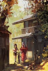 Rule 34 | 1boy, 1girl, animal, animal ears, architecture, ascot, autumn leaves, balcony, barefoot, bicycle, black hair, black skirt, cat, commentary request, crossed arms, dog ears, east asian architecture, higurashi kagome, holding, house, inuyasha, inuyasha (character), japanese clothes, japanese house, kimono, kneehighs, leaf, loafers, long hair, long sleeves, looking at another, lying, neckerchief, outdoors, red kimono, red neckerchief, sailor collar, scenery, school uniform, serafuku, shirt, shoes, silver hair, skirt, socks, tree, walking, white shirt, wide sleeves, yueko (jiayue wu)