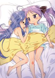 Rule 34 | 2girls, = =, ahoge, bare arms, bare shoulders, barefoot, black ribbon, blanket, blue hair, blush, closed eyes, closed mouth, collarbone, commentary request, drooling, green shirt, hair ribbon, head on pillow, highres, hiiragi kagami, ichimi renge, izumi konata, light rays, long hair, looking at another, lucky star, lying, mouth drool, multiple girls, on back, on bed, on side, open mouth, pillow, purple eyes, purple hair, ribbon, second-party source, shiny skin, shirt, short sleeves, sleeping, smile, sunbeam, sunlight, tank top, toes, twintails, very long hair, white tank top, yuri