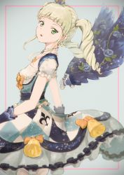 Rule 34 | 1girl, aikatsu!, aikatsu! (series), bell, blonde hair, blue flower, blue rose, blunt bangs, dress, drill hair, earrings, flower, gothic lolita, green eyes, hair ornament, hat, highres, hiiron, idol, jewelry, lolita fashion, long hair, looking at viewer, mini hat, open mouth, puffy sleeves, ribbon, rose, simple background, solo, todo yurika, twin drills, wings