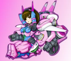 Rule 34 | 1girl, acronym, adapted costume, animal print, arms behind head, bodysuit, breasts, brown eyes, brown hair, clothes writing, covered erect nipples, d.va (overwatch), eyes visible through hair, facepaint, facial mark, full body, gloves, gradient background, headphones, high collar, highres, long hair, looking at viewer, mecha, mecha musume, meka (overwatch), open mouth, overwatch, overwatch 1, piffmiff, pilot suit, pink background, rabbit print, ribbed bodysuit, robot, seiza, shadow, shoulder pads, sitting, skin tight, small breasts, solo, swept bangs, whisker markings, white gloves