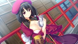 Rule 34 | 1girl, animal, ayase hazuki, black hair, blush, breasts, cat, cleavage, closed eyes, game cg, hammer, hat, japanese clothes, kamidere, large breasts, long hair, looking down, pink eyes, sitting, smile, tail, temple