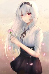 Rule 34 | 1girl, absurdres, black skirt, blush, english text, farena, floral background, flower, girls&#039; frontline, hairband, highres, long hair, looking at viewer, necktie, red eyes, scar, shirt, silver hair, simple background, skirt, smile, solo, thunder (girls&#039; frontline), white shirt
