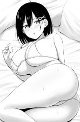 Rule 34 | 1girl, ass, bare legs, bed sheet, bikini, blush, breasts, cleavage, commentary, curvy, embarrassed, feet out of frame, furrowed brow, greyscale, hair between eyes, hair ornament, highres, large breasts, looking at viewer, lying, monochrome, on side, original, parted lips, pillow, short hair, solo, string bikini, sweat, thighs, x hair ornament, yue (show-ei)