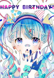 Rule 34 | 1girl, 39, :o, absurdres, bandaid, bandaid on face, bandaid on hand, bandaid on nose, birthday, blue eyes, blue hair, blush, braid, braided bangs, collared shirt, confetti, covering own mouth, earrings, english text, frilled sleeves, frills, hand over own mouth, hat, hatsune miku, headband, highres, jewelry, kurebe, long hair, looking away, looking up, party hat, ribbon, shirt, sleeveless, sleeveless shirt, spread fingers, sticker, symbol in eye, translucent hair, twintails, vocaloid