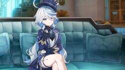 Rule 34 | 1girl, absurdres, ahoge, black gloves, blue eyes, blue hair, blue hat, blue jacket, blurry, blurry background, brooch, chinese commentary, closed mouth, commentary request, couch, crossed legs, cup, furina (genshin impact), genshin impact, gloves, hair between eyes, hat, heterochromia, highres, indoors, jacket, jewelry, lizhilv, long hair, long sleeves, looking at viewer, mismatched pupils, multicolored hair, on couch, shorts, sitting, smile, solo, streaked hair, thigh strap, top hat, very long hair, white gloves, white hair
