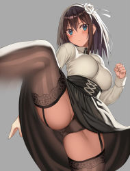Rule 34 | 1girl, black skirt, blue eyes, blush, breasts, brown hair, brown panties, brown thighhighs, clenched hands, closed mouth, clothes lift, collared shirt, corset, flower, garter straps, grey background, hair between eyes, hair flower, hair ornament, hairband, hand up, high-waist skirt, highres, kicking, kureha (ironika), large breasts, lifted by self, long hair, long skirt, long sleeves, looking at viewer, meme attire, motion blur, original, panties, pantyshot, rose, shirt, simple background, skirt, skirt lift, solo, standing, standing on one leg, striped clothes, striped thighhighs, thighhighs, thighs, tsubasa (kureha), underwear, white flower, white rose, white shirt, wing collar
